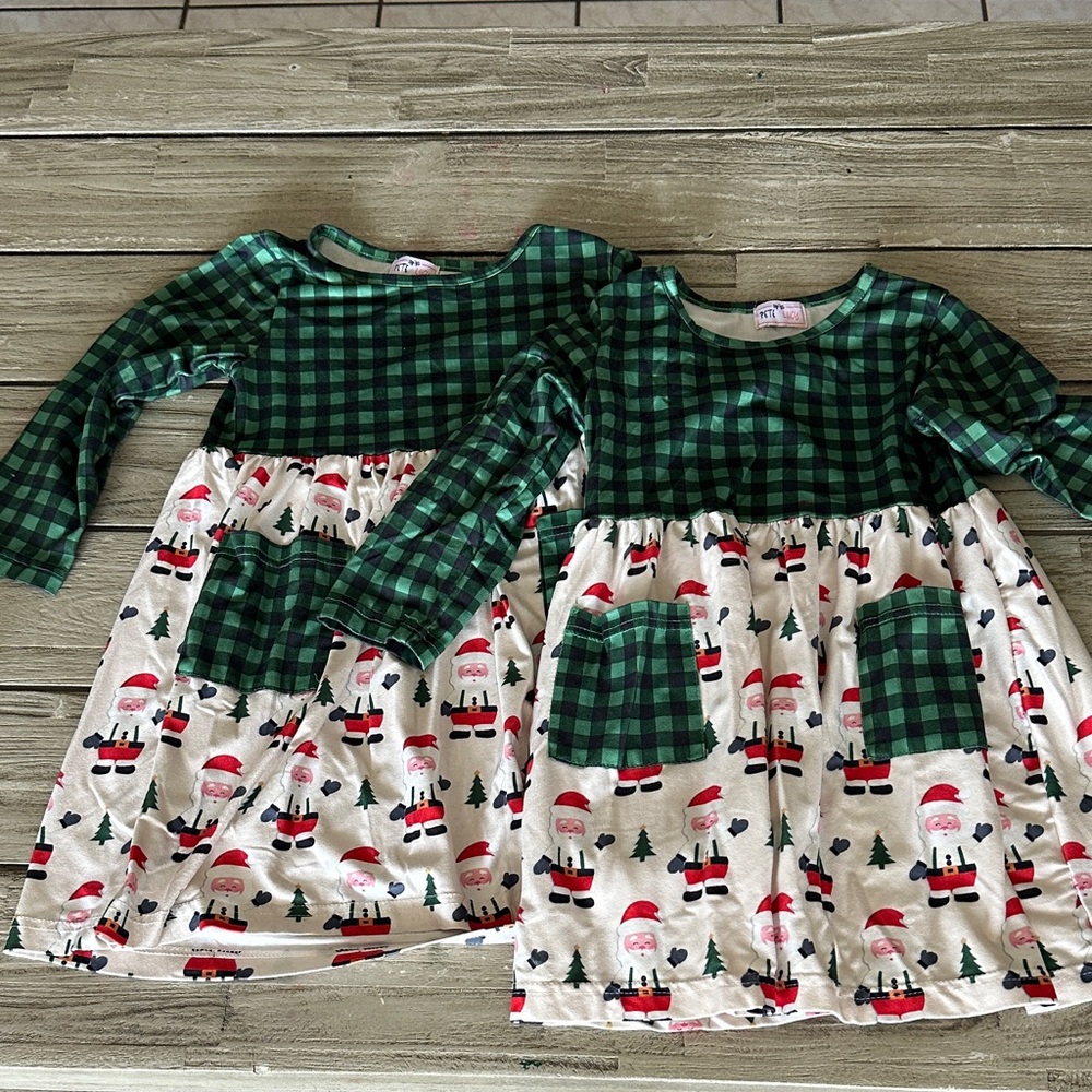 Green and White Kids Dress with Santa Print